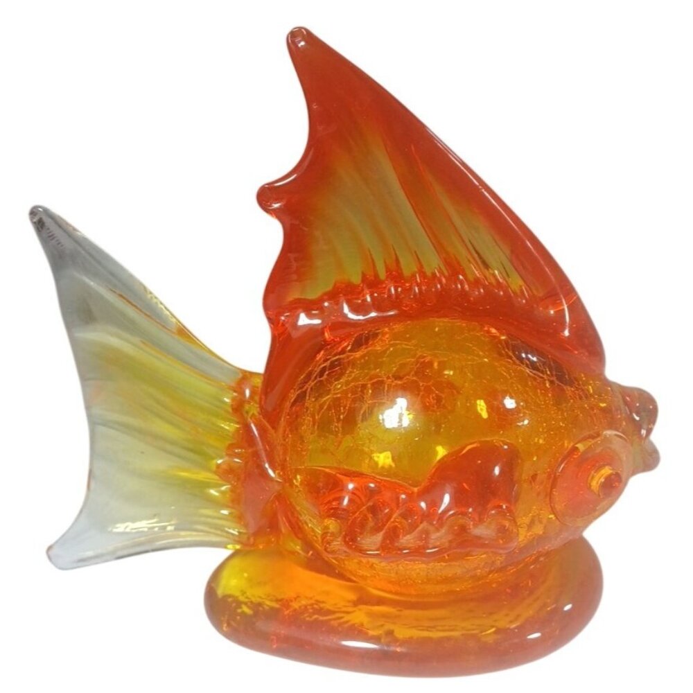 Demekin Lantern Blown Orange Crackle Glass Figurine Hollow Koi Gold Fish Vintage